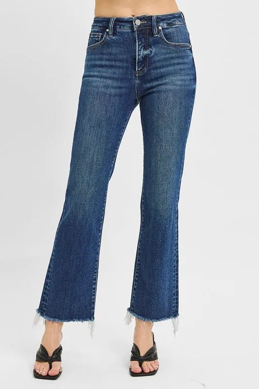 RISEN Tummy Control High Rise Crop Straight Raw Hem Jeans - Love Salve